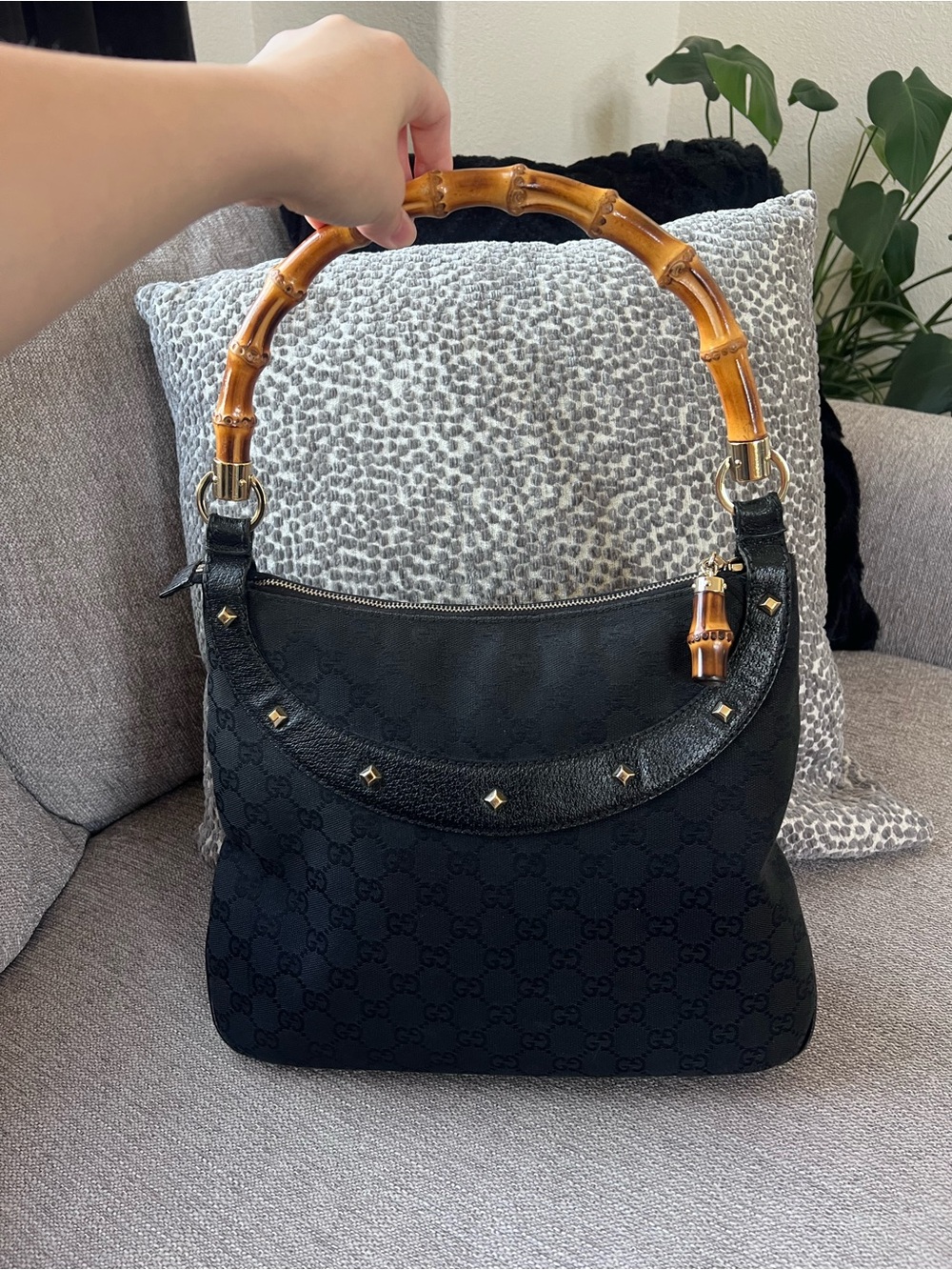 Gucci Anita Black GG Canvas Bamboo Handle Shoulder Bag